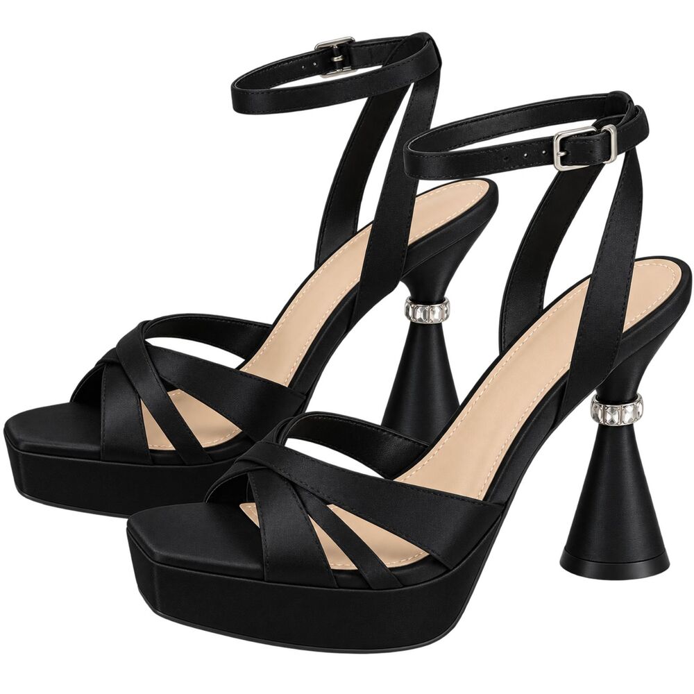 GB Black Strappy Platform High Heels Rhinestone Flared Heel Ankle Strap Sandals